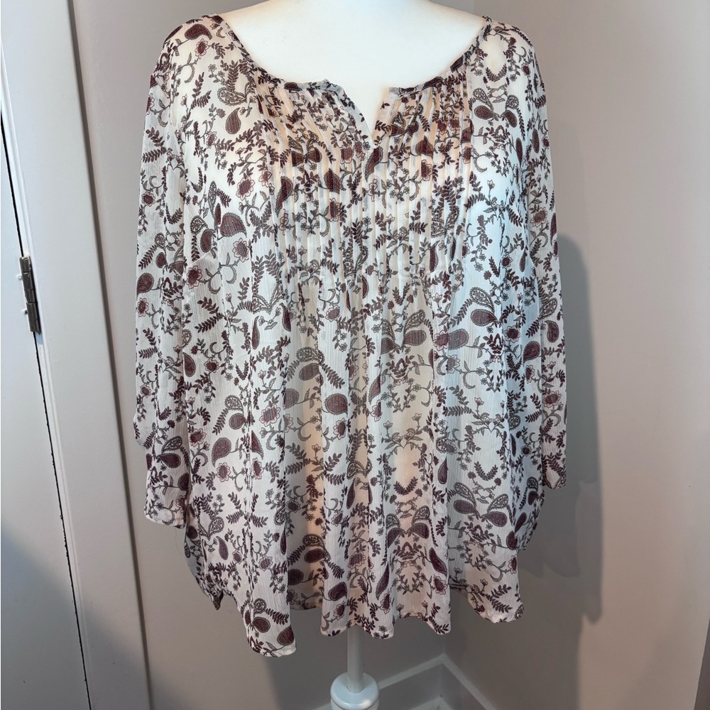 Torrid Chiffon Pintuck Floral Blouse 3/4 Sleeve Sheer Boho Top Plus Size